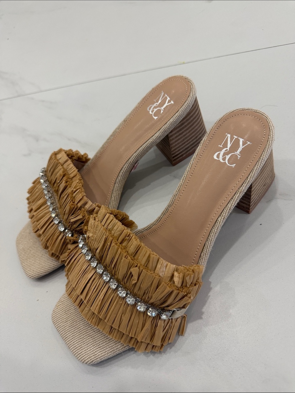 New York & Company Tan Raffia Fringe Block Heel Slide Sandals with Crystal Trim